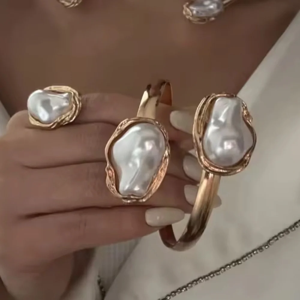 color Gold and Pearl Cuff Bracelet adjustable